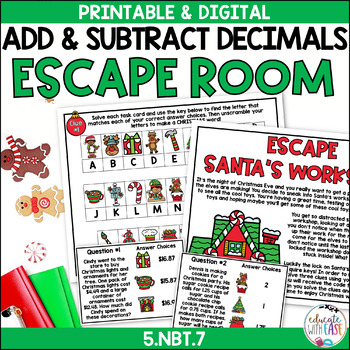 Preview of Adding & Subtracting Decimals 5.NBT.7 CHRISTMAS ESCAPE ROOM Digital & Printable