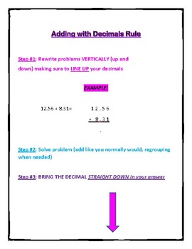 Preview of Adding & Subtracting Decimals reference sheet & blank decimal place value charts