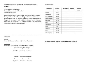 Preview of Adding / Subtracting Decimals with Deposits and Withdrawals