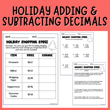 Preview of Adding & Subtracting Decimals with Money | Holiday Math Worksheets | Christmas