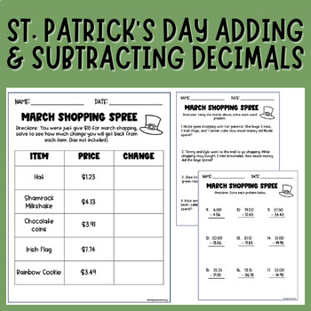 Preview of Adding & Subtracting Decimals with Money | St. Patrick's Day Math Worksheets