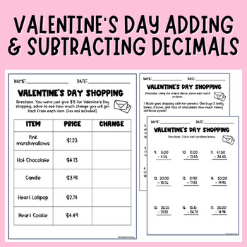 Preview of Adding & Subtracting Decimals with Money | Valentine's Day Math Worksheets