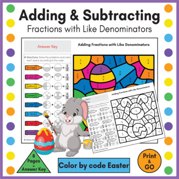 Preview of Adding & Subtracting Fraction with Like Denominators Color by Number Easter