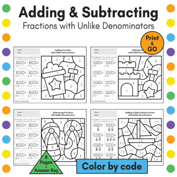 Adding & Subtracting Fraction with Unlike Denominators Summer Color by ...