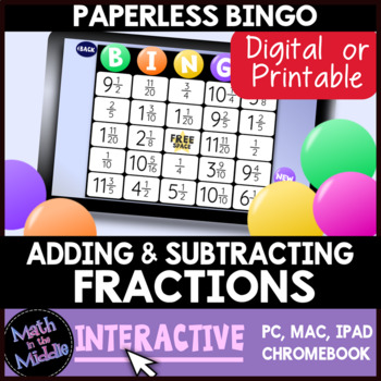 Preview of Adding & Subtracting Fractions Digital Bingo Review Game - Paperless Resource