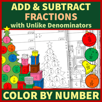 Preview of Adding & Subtracting Fractions & Mixed Numbers  Christmas | Color by Number