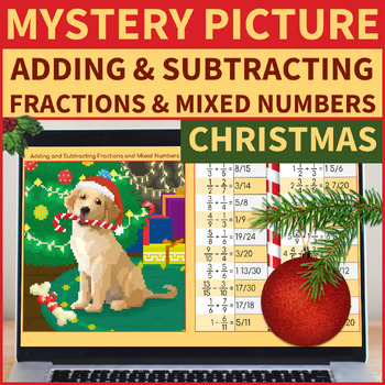 Preview of Adding & Subtracting Fractions & Mixed Numbers | Mystery Picture Christmas Puppy