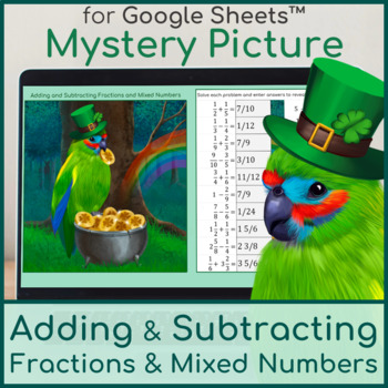 Preview of Adding & Subtracting Fractions & Mixed Numbers Mystery Picture St. Patrick's Day