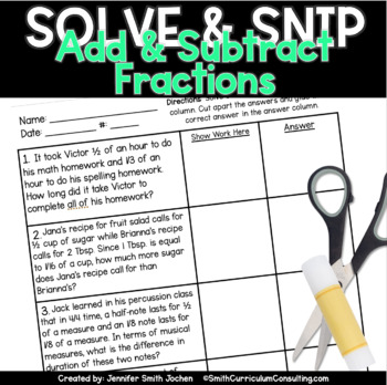 Preview of Adding and Subtracting Fractions & Mixed Numbers Solve and Snip® Word Problems