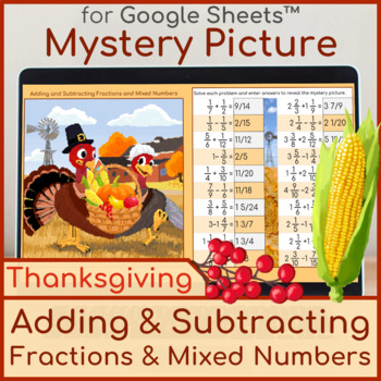 Preview of Adding & Subtracting Fractions & Mixed Numbers Thanksgiving Turkeys Pixel Art