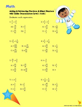Preview of Addition and Subtraction Fractions and Mixed Numbers Unlike Denoms Level 1 5nfa1