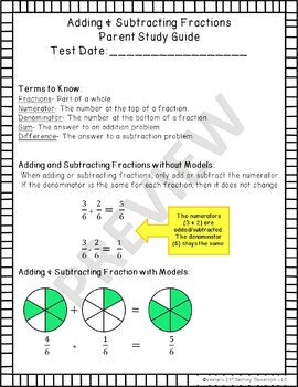Preview of Adding & Subtracting Fractions Parent Study Guide