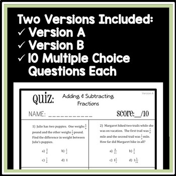 freebie adding subtracting fractions quiz 5 nf 1 assessment 2 versions