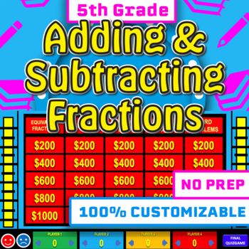 Preview of Adding & Subtracting Fractions Review Game | Jeopardy Game Show 5th Grade