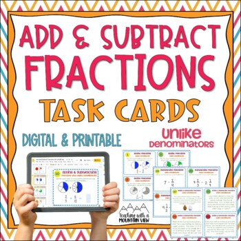 Preview of Adding & Subtracting Fractions Task Cards UNLIKE denominators
