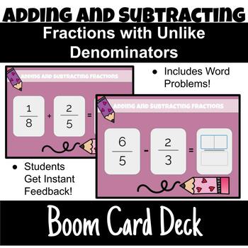 Preview of Adding & Subtracting Fractions (Unlike Denominators) Boom Card Digital Activity