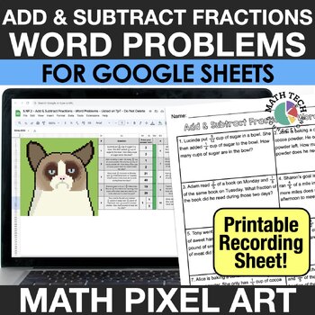 Preview of Adding & Subtracting Fractions Word Problems 5th Grade Digital Math Pixel Art