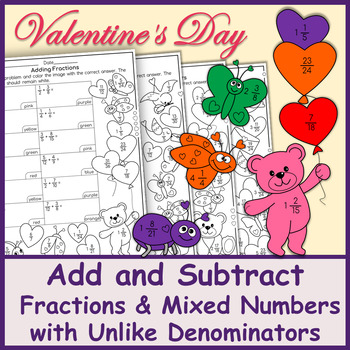 Preview of Adding & Subtracting Fractions & Mixed Numbers | Color by Number Valentine's Day