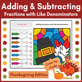 Preview of Adding & Subtracting Fractions with Like Denominators Color by Code Thanksgiving