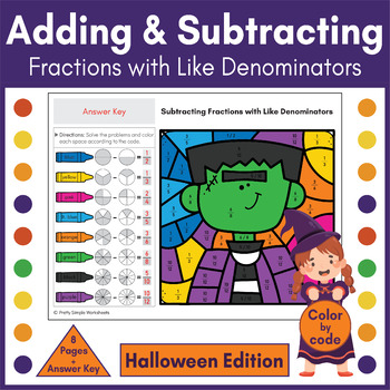 Preview of Adding & Subtracting Fractions with Like Denominators Color by Number Halloween