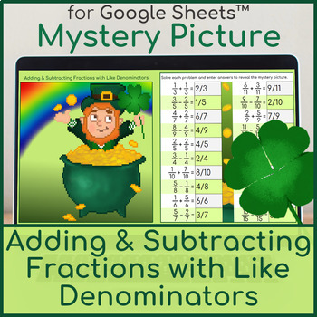 Preview of Adding & Subtracting Fractions with Like Denominators Pixel Art St Patrick's Day