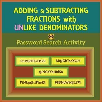 Preview of Adding & Subtracting Fractions with UNLIKE Denominators-Password Search Activity