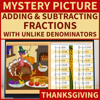 Preview of Adding & Subtracting Fractions with Unlike Denominators | Pixel Art Thanksgiving