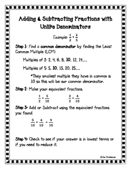 adding and subtracting fractions with unlike denominators teaching resources tpt