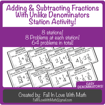 Preview of Adding & Subtracting Fractions with Unlike (Easy) Denominators Station Activity!