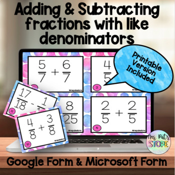 Preview of Adding & Subtracting Fractions with like denominators Task Cards