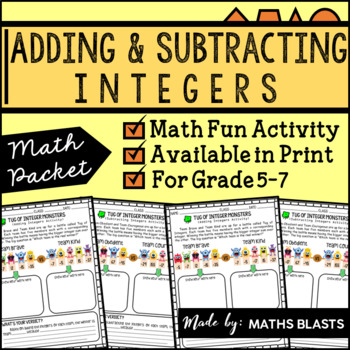 Preview of Adding & Subtracting Integers Fun Activity Worksheet - Tug of Integer Monsters