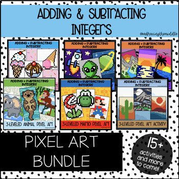 Preview of Adding + Subtracting Integers Pixel Art BUNDLE | Holidays | Middle School Math