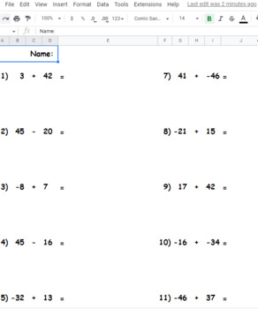 Preview of Adding/Subtracting Integers - Regenerates new worksheets (2 digit numbers)