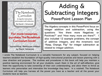 Preview of Adding & Subtracting Integers - The Notebook Curriculum Lesson Plans