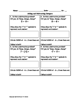 Preview of Adding & Subtracting Integers Worksheet with Keep, Change, Change & Zero Pairs