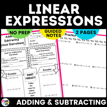 Preview of Adding/Subtracting Linear Expressions Sketch Notes and Practice