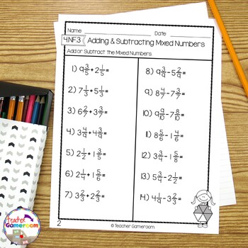 adding subtracting mixed numbers test worksheet by teacher gameroom