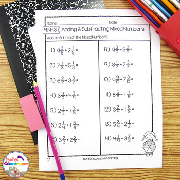 Adding & Subtracting Mixed Numbers Test Worksheet by Teacher Gameroom