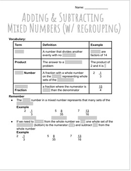 Preview of Adding & Subtracting Mixed Numbers w/ Regrouping Notes & Practice