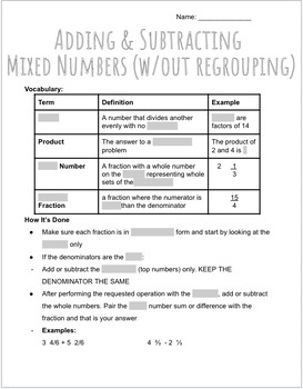 Preview of Adding & Subtracting Mixed Numbers w/out Regrouping Notes & Practice