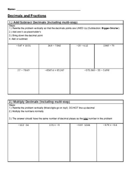 Preview of Adding Subtracting Multiplying Dividing Fractions and Decimals with Negatives