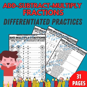 Preview of Adding, Subtracting & Multiplying Fractions | Fractions practices worksheets