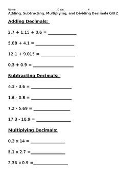 Preview of Adding, Subtracting, Multiplying, and Dividing Decimals QUIZ