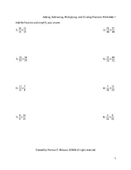 adding subtracting multiplying and dividing fractions worksheet 1