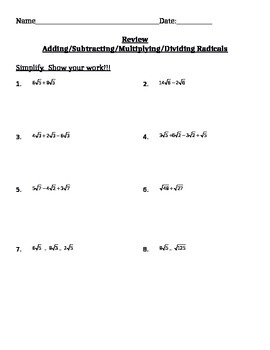 Adding, Subtracting, Multiplying, And Dividing Radicals Review | Tpt