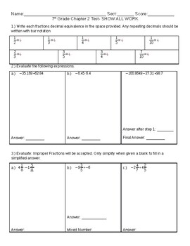 Preview of Adding Subtracting Multiplying and Dividing Rational Numbers Test