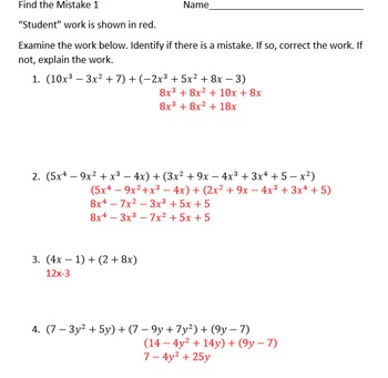 Preview of Adding & Subtracting Polynomials Find the Mistake