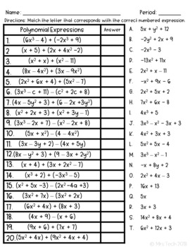 Adding Subtracting Polynomials Match Activity By Mrstech Tpt