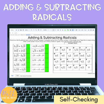 Preview of Adding & Subtracting Radical Expressions Digital Self Checking Activity Algebra