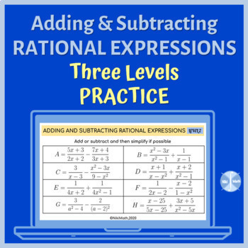 Preview of Adding & Subtracting Rational Expressions - Three Levels Practice (24 problems)